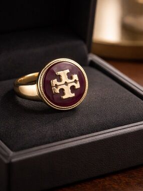 Tory Burch Gold-Tone Ring with Burgundy Enamel Medallion